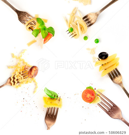 Italian food design, pasta collage. Many forks with pasta and various addings, shot from above on a 58606829