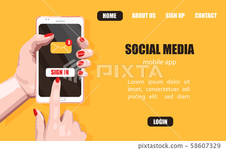 Woman hands with red nails clicking on sign in 58607329