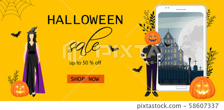 Halloween special offer sale banner with woman 58607337