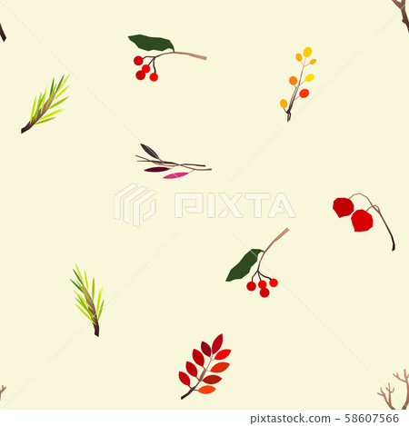 Autumn vector seamless pattern with berries, acorns, pine cone, mushrooms, branches and leaves. Autumn vector seamless pattern with berries, acorns, pine cone, mushrooms, branches and leaves. 58607566