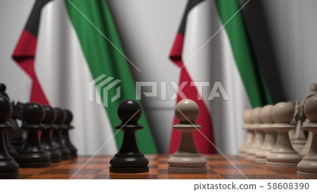 Chess game against flags of Kuwait. Political competition related 3D rendering 58608390