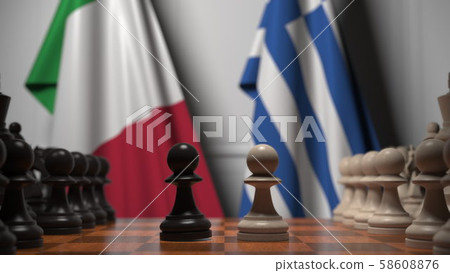 Flags of Italy and Greece behind pawns on the chessboard. Chess game or political rivalry related 3D Flags of Italy and Greece behind pawns on the chessboard. Chess game or political rivalry related 3D 58608876