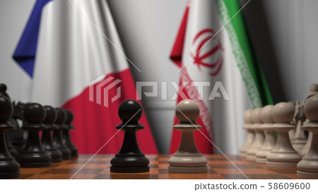 Flags of France and Iran behind pawns on the chessboard. Chess game or political rivalry related 3D Flags of France and Iran behind pawns on the chessboard. Chess game or political rivalry related 3D 58609600