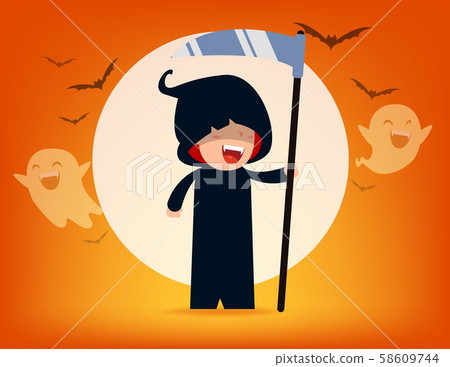 Cute death character with old scythe. Halloween 58609744