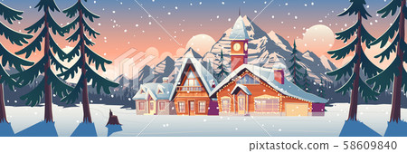 Winter mountain landscape with houses or chalets 58609840