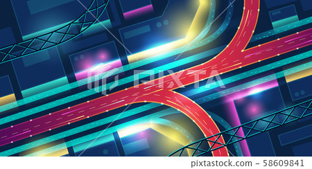 Night city with transport interchange top view. Night city with transport interchange top view. 58609841