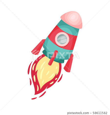 Cyan And Red Rocket With Porthole Launched Into Space Vector Illustration Set Cartoon Character 58611582