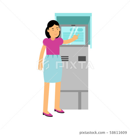 Young Woman Standing Near ATM Tapping On The Screen Vector Illustration Young Woman Standing Near ATM Tapping On The Screen Vector Illustration 58611609
