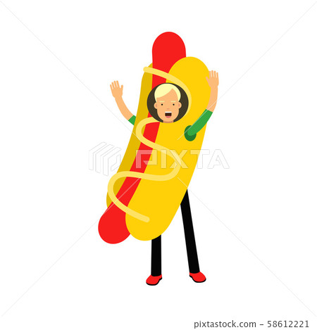 Young Blonde Guy Character Standing Wearing Hot Dog Costume And Waving Hands Vector Illustration Young Blonde Guy Character Standing Wearing Hot Dog Costume And Waving Hands Vector Illustration 58612221