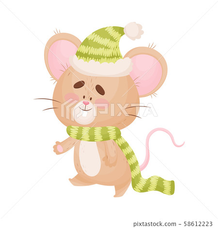 Cartoon mouse in a warm hat and scarf. Vector illustration. 58612223