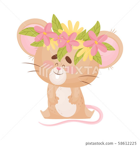 Cartoon mouse with a wreath of flowers on his head. Vector illustration. 58612225