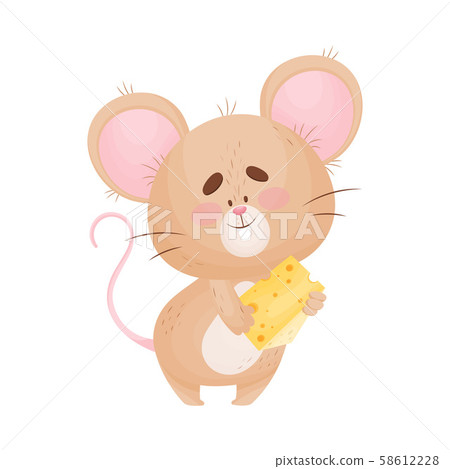 Cartoon mouse is holding a small piece of cheese. Vector illustration. 58612228