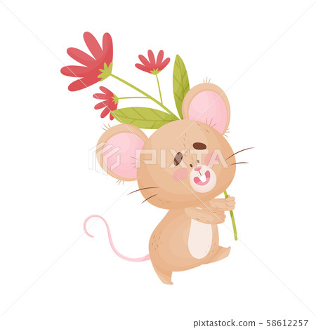 Cartoon mouse holds a stalk with a red flower. Vector illustration. Cartoon mouse holds a stalk with a red flower. Vector illustration. 58612257