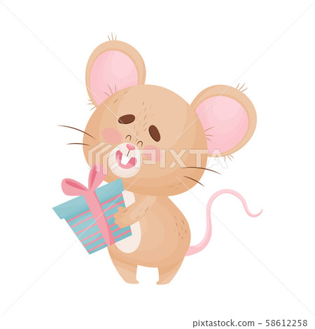 Cartoon mouse holds a gift. Vector illustration. Cartoon mouse holds a gift. Vector illustration. 58612258