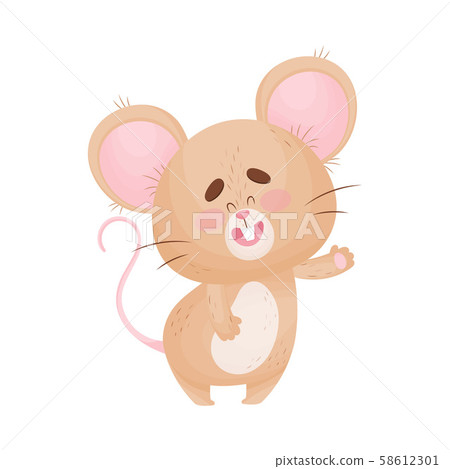 Cartoon mouse greets and waves a hand. Vector illustration. Cartoon mouse greets and waves a hand. Vector illustration. 58612301