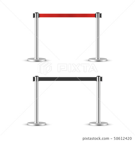 Retractable belt stanchion set. Portable ribbon barrier. black and red fencing tape. 58612420