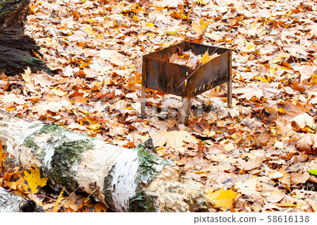 abandoned grill on meadow covered by fallen leaves abandoned grill on meadow covered by fallen leaves 58616138
