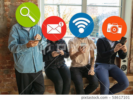 Creative millenial people connecting and sharing social media. Modern UI icons as heads Creative millenial people connecting and sharing social media. Modern UI icons as heads 58617101