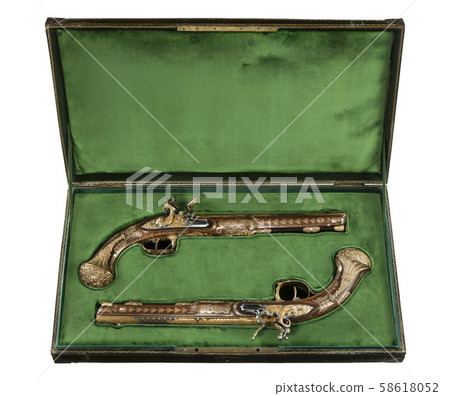 A pair of 18th century flintlock pistols in boxed case. A pair of 18th century flintlock pistols in boxed case. 58618052