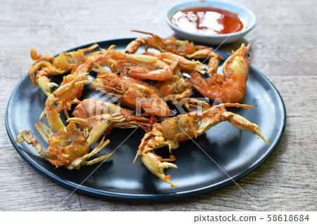 deep fried little swimming crab and shrimp with flour on plate dipping sweet sauce 58618684