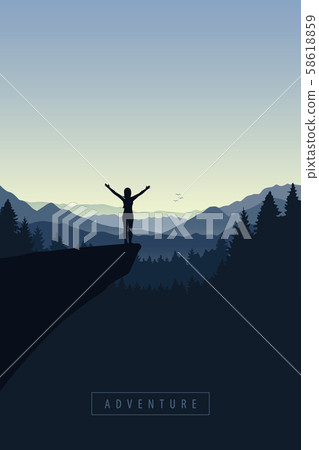 girl with raised arms on a cliff in blue forest mountain girl with raised arms on a cliff in blue forest mountain 58618859