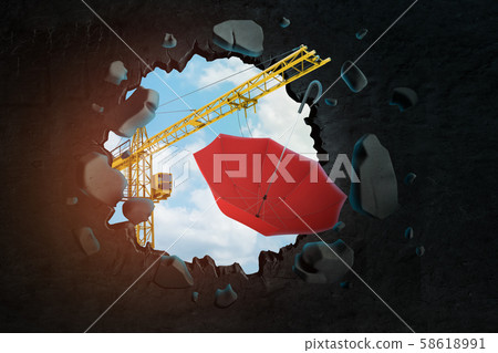 3d rendering of hoisting crane carrying red umbrella and breaking black wall leaving hole in it with 3d rendering of hoisting crane carrying red umbrella and breaking black wall leaving hole in it with 58618991