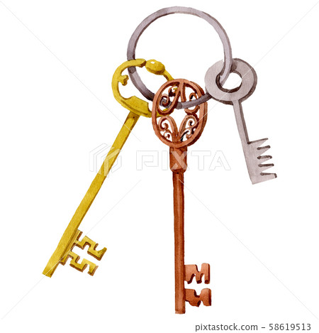 Bunch of old vintage keys. Watercolor background illustration set. Isolated key illustration element Bunch of old vintage keys. Watercolor background illustration set. Isolated key illustration element 58619513