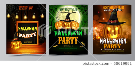Halloween party invitation on wooden wall background 58619991