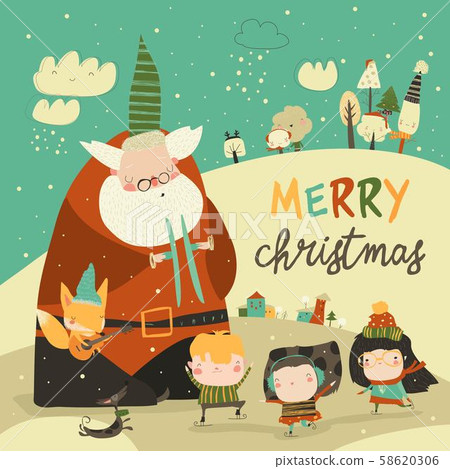 Funny Santa Claus celebrating Chistmas with cute kids Funny Santa Claus celebrating Chistmas with cute kids 58620306