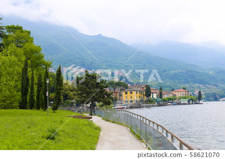 Amazing coastline with banister and grass with trees, Alps mountain in background. 58621070