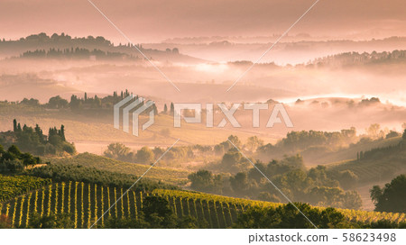 Tuscan Farmland with Villas and Villages at Dawn 58623498