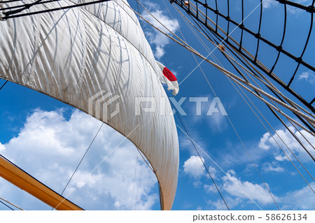 Toyama Prefecture Kaioh Maru Park Sailing Ship Sails Rope and Sail Japanese Flag 58626134