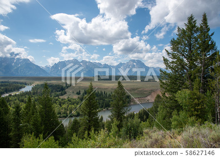 Grand Teton mountain range from a viewpoint 58627146