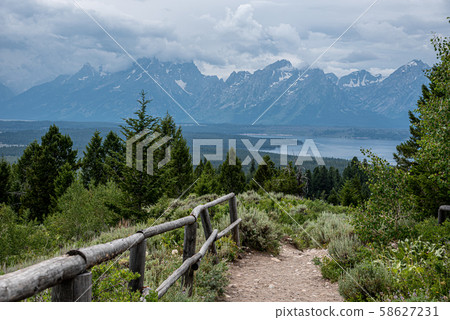 Grand Teton mountain range from a viewpoint 58627231