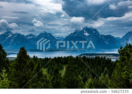 Grand Teton mountain range from a viewpoint 58627235