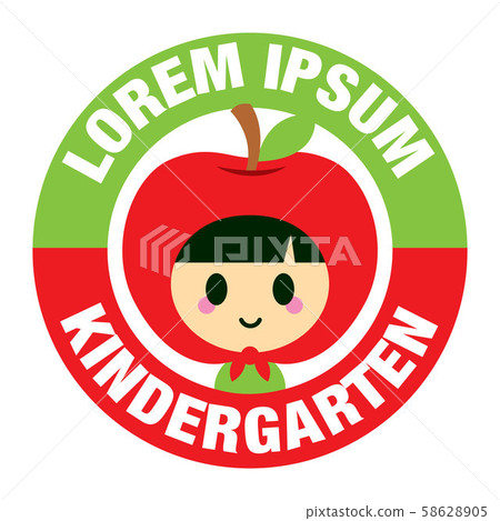 Back to school. Cartoon cute little kid on apple costume with red and green circle signboard. - vector logo Back to school. Cartoon cute little kid on apple costume with red and green circle signboard. - vector logo 58628905