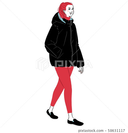 Young woman walking around the city wearing a down jacket 58631117