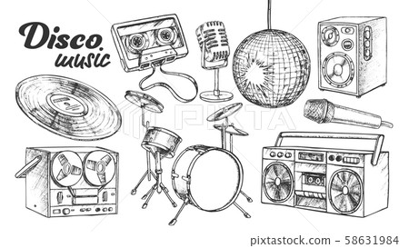Disco Music Collection Elements Ink Set Vector 58631984