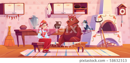 Woman in traditional old russian costume and bear Woman in traditional old russian costume and bear 58632313