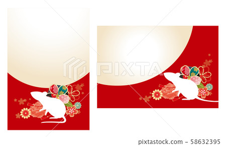 帶有鼠標和復古日式花紋的新年賀卡 58632395