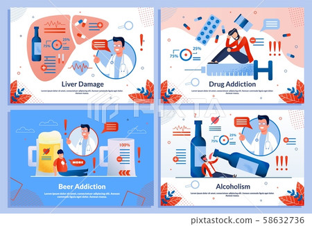 Alcohol and Drugs Liver Damage Flat Banner Set 58632736