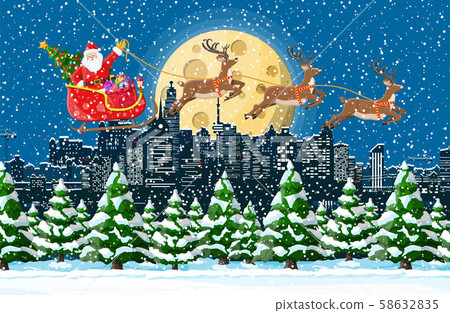 Santa claus rides reindeer sleigh 58632835