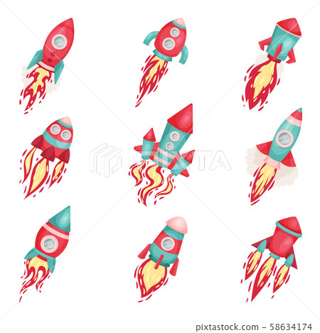 Set Of Red And Cyan Rockets Launched Into The Space Vector Illustrations Cartoon Character Set Of Red And Cyan Rockets Launched Into The Space Vector Illustrations Cartoon Character 58634174