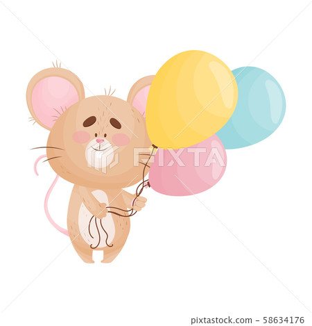 Cartoon mouse holds balloons. Vector illustration On White Background 58634176