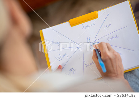 Psychologist analyzing mental state of client while making notes Psychologist analyzing mental state of client while making notes 58634182