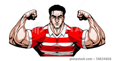 啤酒，橄欖球，運動，日本代表，戲劇性，卡通，肌肉，健美，男子氣概，姿勢，前視圖，白色背景， 58634808