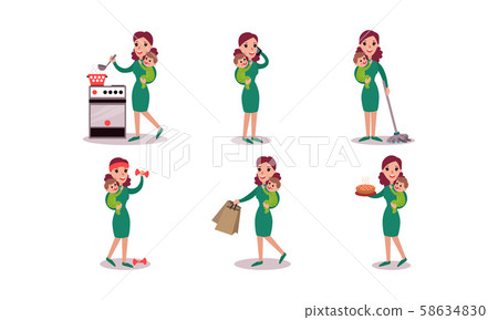 Mothers Daily Routine With Child, Cooking, Cleaning, Shopping And Sport Vector Illustration Set Mothers Daily Routine With Child, Cooking, Cleaning, Shopping And Sport Vector Illustration Set 58634830