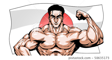 奧林匹克，運動，日本代表，戲劇性，卡通，肌肉，健美，男子氣概，姿勢，前視圖，白色背景， 58635173