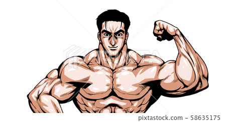 Olympic, sport, japan representative, dramatic, cartoon, muscle, body building, macho, pose, front view, white background, 58635175