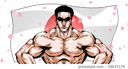 Olympic, sport, japan representative, dramatic, cartoon, muscle, body building, macho, pose, front view, white background, 58635176